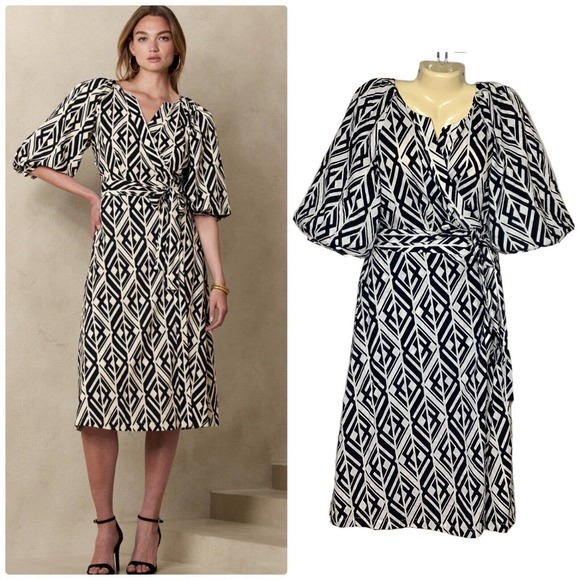 Banana Republic Dresses & Skirts - Banana Republic Dress Womens Large Cream Black Wrap Midi Puff Sleeve Geometric L